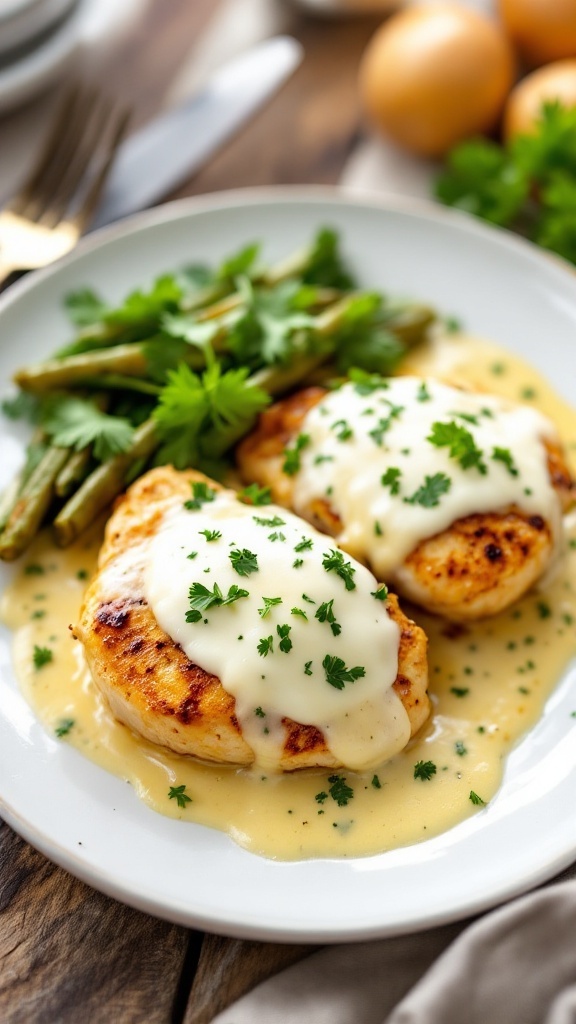 Keto chicken dinner with creamy garlic sauce and melted cheese, garnished with parsley.